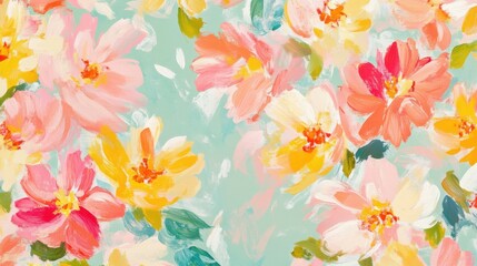 A vibrant floral pattern featuring soft pink, yellow, and coral flowers on a soothing turquoise background.