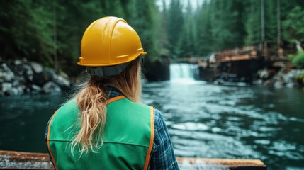 A landscape worker stands before a stunning waterfall, emphasizing the connection between nature and human labor in a serene forest environment.