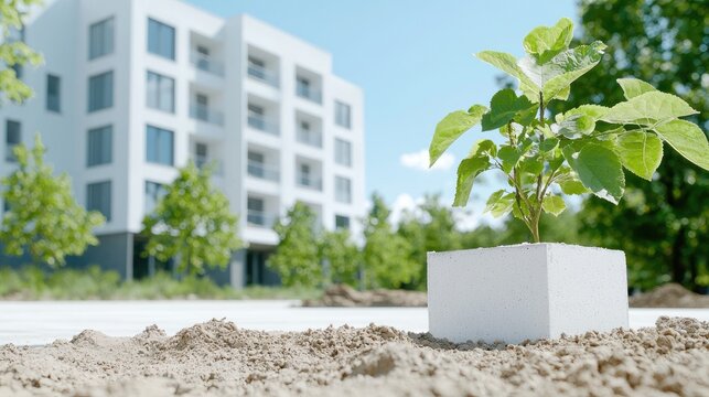 Small tree in planter outside modern apartment complex