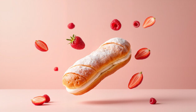 &Eacute;clair pastry floating with fresh strawberries and raspberries against a soft blush pink background, delightful dessert concept.