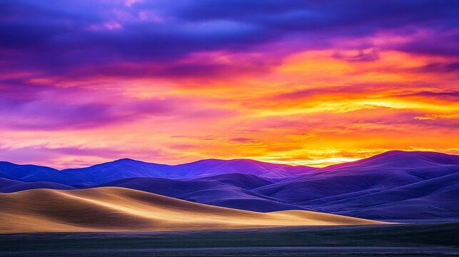 Dramatic sunset over rolling hills and sand dunes