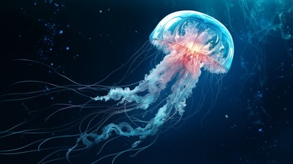 A jellyfish drifting through the water, right empty space, light cyan backgroundมgenerative ai illustration