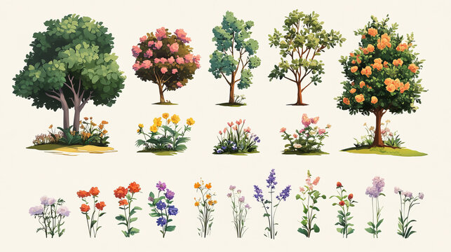 Fantasy alien plants for game ui design. Cartoon vector illustration set of cute magic flowers and trees for fairy fictional extraterrestrial forest creation. Fantastic creature of wonderland garden.