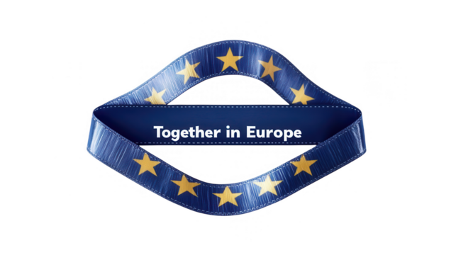 Europe Day PNG File – Blue Ribbon with ‘Together in Europe’ and European Stars, Isolated on White