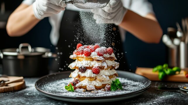 Masterful baking technique showcases dessert preparation with delicate layering and powdered sugar dusting
