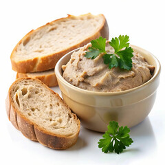 A delicious bowl of pate accompanied by slices of bread