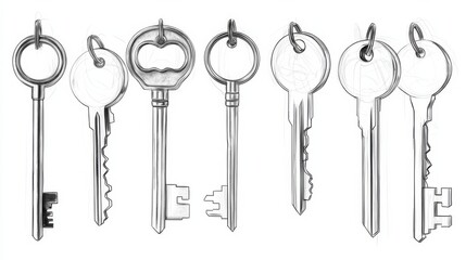 Variety of keys displayed in a row showcasing different designs, shapes, and sizes in a clean layout