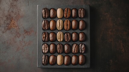 A beautifully arranged display of coffee beans showcasing various roast levels and colors.