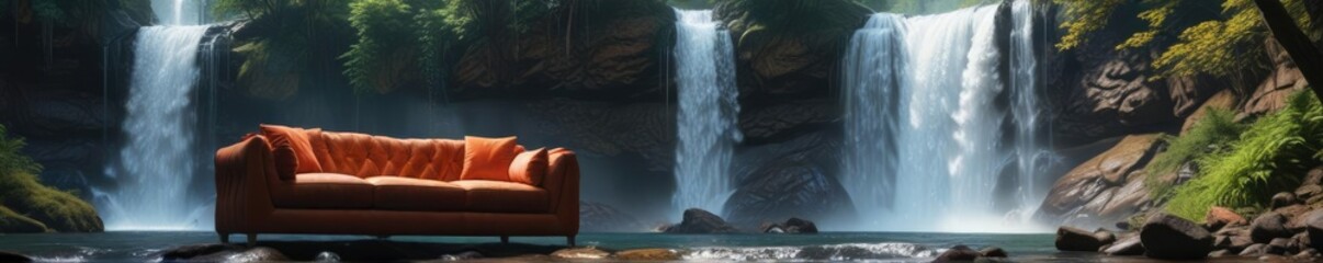 Water cascades down the rocky slope while a plush sofa sits invitingly in the midst of a waterfall forest, tranquil, environment