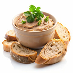 A delicious bowl of pate accompanied by slices of bread
