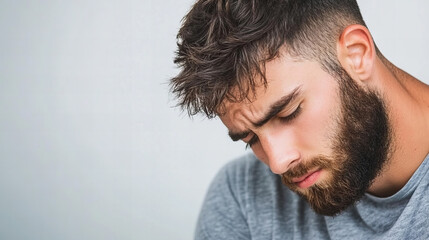 Obraz premium Young man with beard looking contemplative and thoughtful in casual attire against a light background