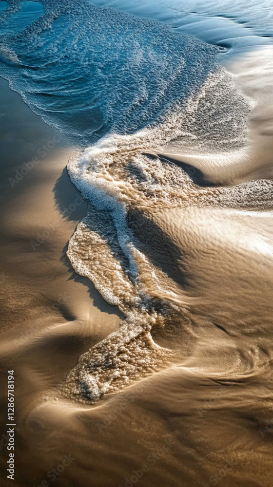 Aufkleber top view of ocean waves crashing on sandy beach, creating foam patterns on the shore, symbolizing na