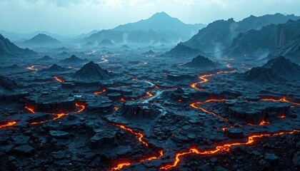 Volcanic landscape with a vast expanse of dark stone formations and glowing lava, intense, geological