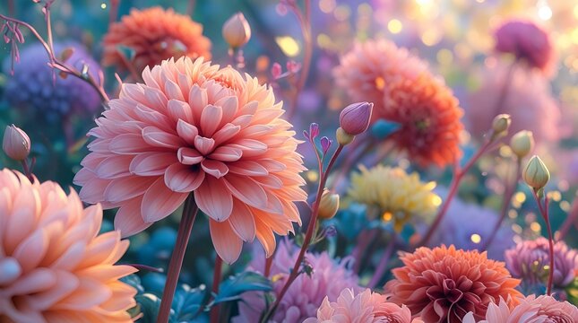 The image depicts a vivid floral garden with intricate petals, soft background, and soft bokeh effect. The lighting is warm and diffused, creating a magical, otherworldly atmosphere, capturing the bea