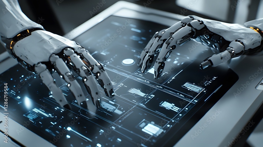 Poster a futuristic robotic hand interacts with a touch screen interface, showcasing advanced technology an