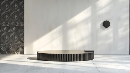 Obraz premium A podium with a minimalist diamond pattern in black and white, placed in a contemporary, open space