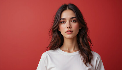 Fototapeta premium Plain White T-Shirt Mockup – Female Model Front View with Red Background Image