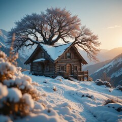 Majestic Winter Log Cabin nestled under a snow covered tree in a picturesque mountain landscape at sunset