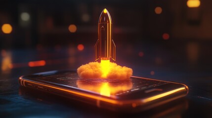 A rocket launching from a smartphone, symbolizing the growth and expansion of social media, digital marketing, and online business
