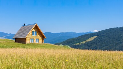 Obraz premium Wooden cabin on grassy hill overlooking scenic mountain landscape under clear blue sky