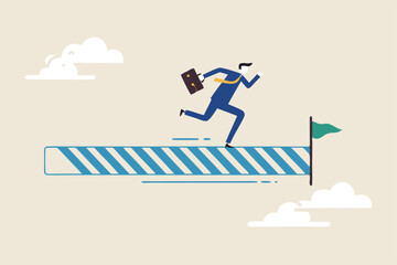 Progress or journey to success or achieve goal, business step or career path, mission or challenge to succeed, improvement concept, ambitious businessman run on progress bar to achieve success flag.