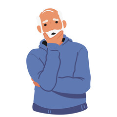 Senior man cartoon character looking for solution finding answer making decision isolated portrait