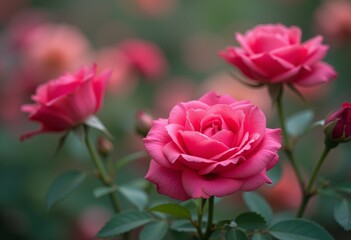 Obraz premium Group of Pink Roses with a Select Focus on One Bloom
