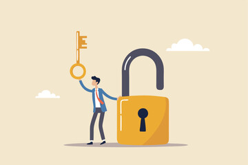 Golden key to unlock, solve business problem, professional to give solutions, success business key or unlock business accessibility concept, smart businessman holding golden key to unlock the pad.