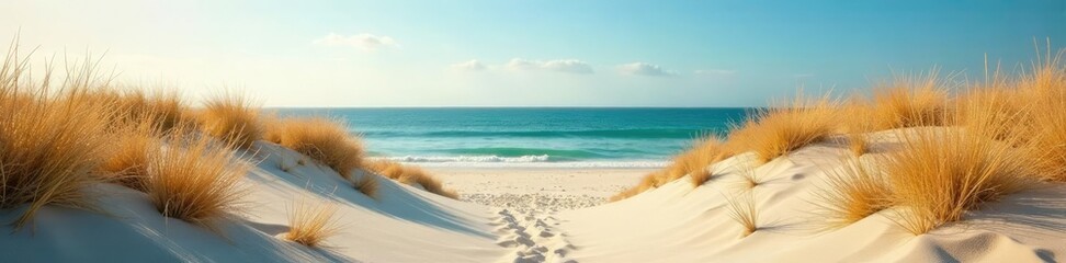 Fototapeta premium Sea oats and sand merge into a single expanse, vast space, coastal landscape, natural hues