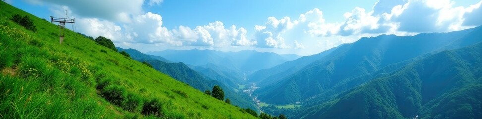 Naklejka premium Lush greenery covers the slope of mountains that touch the blue sky above, mountain slope, foliage