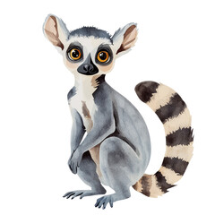 Obraz premium Adorable Lemur Sitting and Posing with Big Eyes and Striped Tail in a Playful Attitude