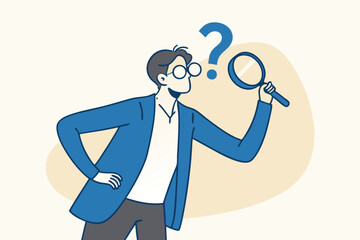 Observation or examination, curiosity to discover secret, search or analyze information, investigate or research concept, curious businessman holding magnifying glass observe data with question mark.