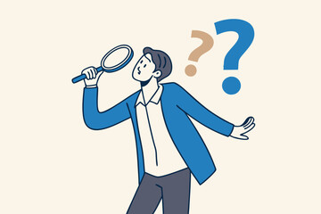 Observation or examination, curiosity to discover secret, search or analyze information, investigate or research concept, curious businessman holding magnifying glass observe data with question mark.