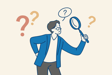 Observation or examination, curiosity to discover secret, search or analyze information, investigate or research concept, curious businessman holding magnifying glass observe data with question mark.