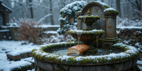Obraz premium Stone fountain covered in snow and moss with a loaf of bread resting in the water a winter scene