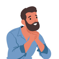 Pensive smiling man cartoon character thinking making decision feeling dreamlike and puzzled