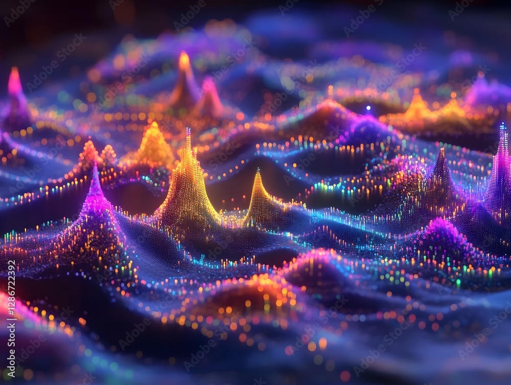 Poster an abstract digital representation of colorful sound waves, creating a mesmerizing blend of luminous