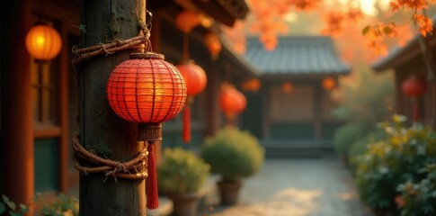 Woven star anise and cinnamon sticks wrapped around a wooden post with orange blossoms and vines, lanterns, vine