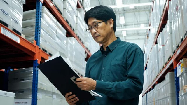 A middle-aged Asian man stands in a warehouse with a clipboard. Dressed for success, the man stands in the warehouse, clipboard in hand, overseeing operations.