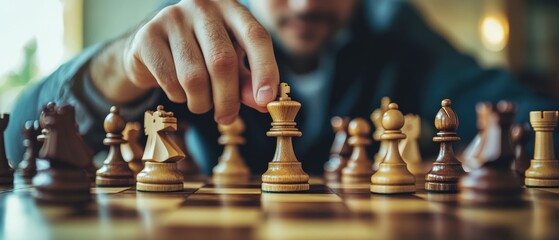 A concentrated chess player hovers over a board, hand poised to make a decisive move, encapsulating the tension and strategy of the game.
