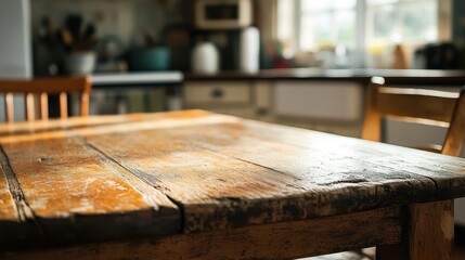 A rustic wooden table bathed in warm sunlight, creating a cozy kitchen atmosphere.