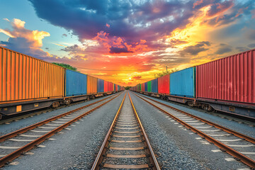 Fototapeta premium Vibrant freight train at sunset with colorful containers on railroad tracks