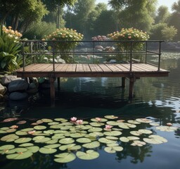Wooden dock with intricate metal railing and water lilies , water lilies, wooden dock, peaceful atmosphere