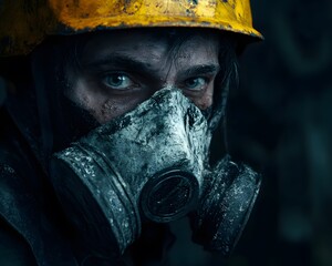 Fototapeta premium Close-up of a worker in a helmet and gas mask, showcasing safety.