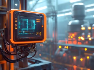 Obraz premium Futuristic control panel in a high-tech factory setting, showcasing advanced machinery and a digital interface, symbolizing innovation and automation in modern industry.