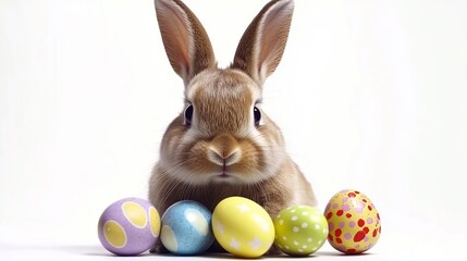 Adorable Bunny Surrounded by Vibrant Easter Eggs, a Delightful Springtime Scene Perfect for Easter Cards, Spring Decorations, and Festive             
