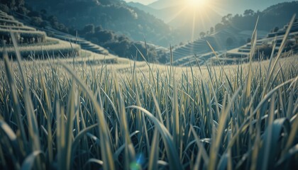 Serene Sunrise over Lush Green Rice Terraces Fields A Breathtaking View of Nature s Beauty at Dawn