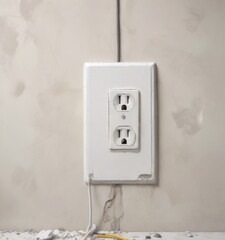 White plaster with broken electric outlet and exposed wiring, white plaster, sparking cord, electrical hazard
