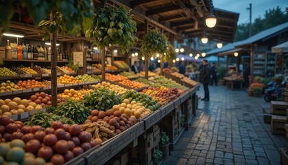 Fototapeta premium Abundant Fresh Fruits and Vegetables at a Vibrant Farmers Market Stall