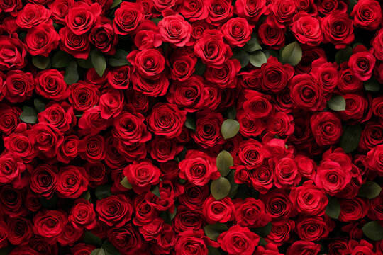 Fototapeta Natural fresh red roses flowers pattern wallpaper. top view, Red rose flower wall background 